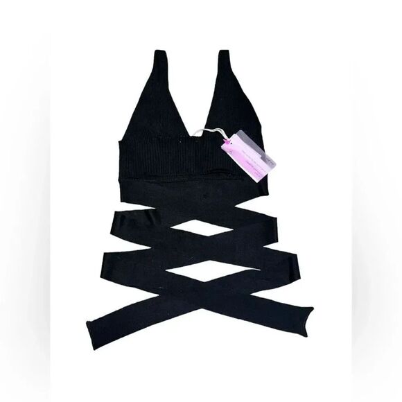 NWT women’s FORTE FORTE Italian my knit black cropped waist tie tank top size 2 - Picture 1 of 7